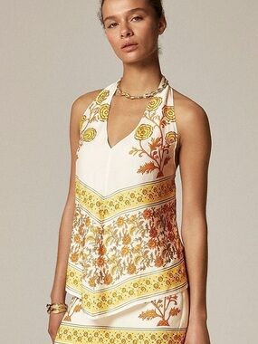 J. Crew Women's Open-Back Halter Top Sunset Rose Block Print Pristine NWT
